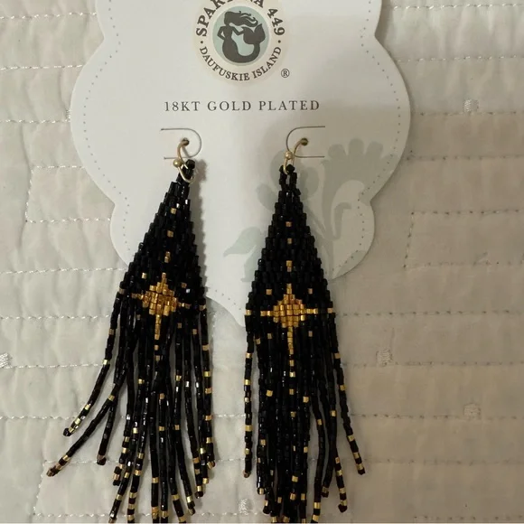 Spartina 449 Elegant Black and Gold Beaded Earrings - Picture 2 of 4